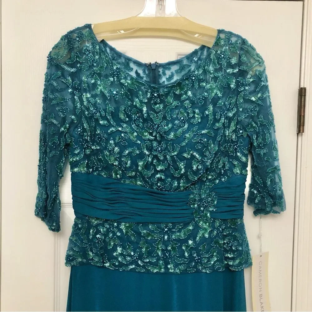Cameron Blake by Mon Cheri Gown Dress Teal Beaded Sequins MOB Formal NWT 8